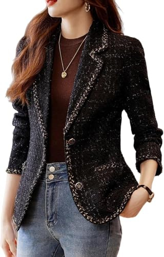 Blazer d'affaires Polyvalent à La Mode Printemps été Automne pour Femmes Veste à Manches Longues en Tweed Confortable Et Décontractée (Noir,XL)