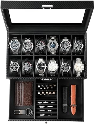 KILHS Boîte à montres pour 12 montres, boîte à 2 étages avec couvercle en verre et tiroir, boîte à montres pour homme avec serrure à clé – Cadeau parfait pour hommes pour bagues, boutons de manchette