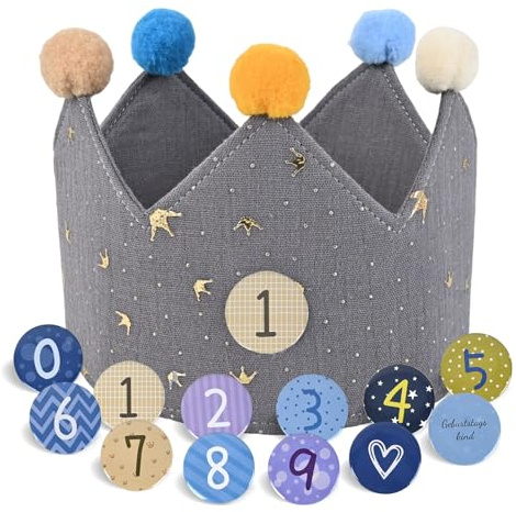 JOYUE Corona de cumpleaños para niños, corona de cumpleaños de tela con botones de , números intercambiables del 0 al 9, corona unisex para niños, accesorios de fiesta de cumpleaños (gris)