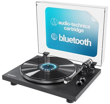 Majority Stylo Bluetooth Record Player – Premium Turntable with AT3600L Cartridge, Aluminium Platter, Carbon Fibre Arm, Pitch Control, Anti-Skate, Vinyl Player with Phono/Line Out