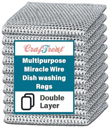 CrafTreat Non Scratch Wire Dishwashing Rag, 10 Pack Double Layer Reusable Wire Dishcloth, Silver Mesh Metal Cleaning Cloth for Pots, Pans, Sink, Steel Cookware, Wet & Dry Cleaning