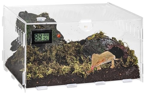 GOEDCH Terrario para Reptiles: 20 x 12 x 12 cm Comedero para Reptiles con Higrómetro de Temperatura, Mini Caja de Observación Transparente para Arañas, Lagartos, Caja de Alimentación de Insectos