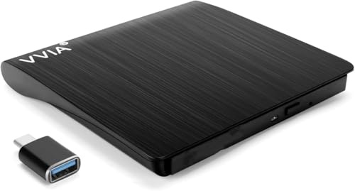 vvia External CD/DVD Drive, Portable USB 3.0 Type-C CD +/-RW Drive DVD Player for ROM Rewriter Burner for Laptop Desktop, Compatible with Windows 7/8/10/11 Mac MacBook Pro/Air Linux OS-Black