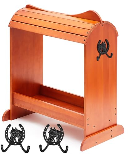 Threehoney Pine Wood Saddle Rack 30 x 25.6 x 12 Horse Saddle Rack Stand for Western Saddles and Horse Tack Organizers Heavy Duty Tack Storage Accessories with 2 Hooks(Top Heightened,Paint Version)