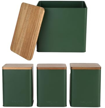 Salter Toronto Bread Bin & 3pc Canister Set - FSC® Certified Acacia Wooden Lids, Powder-Coated Matte Finish, Easy Clean, Tea, Coffee & Sugar Storage Canisters, Large Bread Bin Storage Container, Green