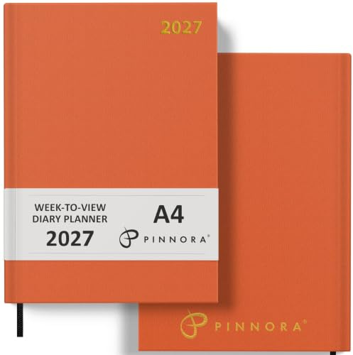 Pinnora 2027 Diary A4 Week to View, Orange Year Planner Organiser 2027 Week To View, 2027 Planner, Home, School & Office, Hard Back 2027 Diaries, A5 & A4 2027 Diary in Day Per Page & Week To View