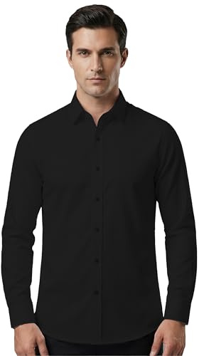 ZHAOCAI Camicia da uomo camicie da uomo a maniche lunghe senza stiratura vestibilità regular business tempo libero slim stretch button down camicie alla moda colletto alla coreana, Nero , L