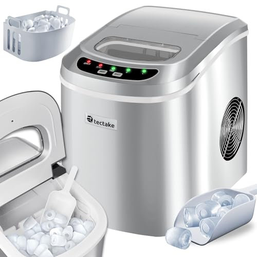 tectake Eiswürfelmaschine, 12-15 kg in 24 h, Ice Maker, 9 Eiswürfel in 5-13 min, Eiswürfelbereiter mit 2,4 Liter Wassertank, Ice Cube Maker, inkl. Eisschaufel und Eiseimer, 2 Würfelgrößen - Silber