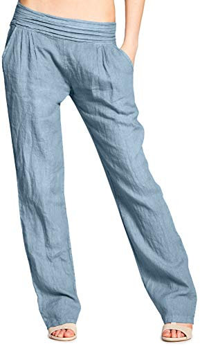 Caspar KHS020 Damen Casual Leinen Hose, Farbe:Jeans blau, Größe:L - DE40 UK12 IT44 ES42 US10