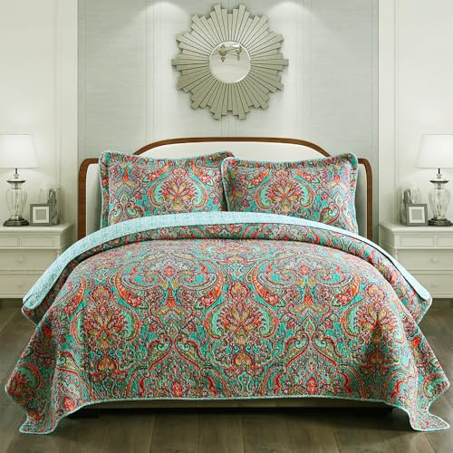 NEWLAKE Cotton Bedspread Quilt Sets-Reversible Patchwork Coverlet Set, European Gorgeous Floral Pattern, King Size