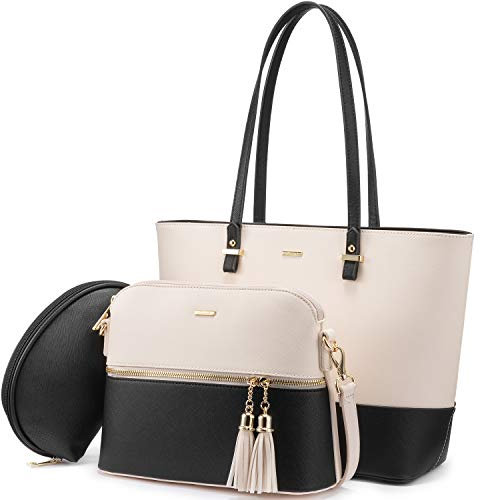 LOVEVOOK Handtasche Damen Schultertasche Handtaschen Tragetasche Groß Designer Elegant Umhängetasche Henkeltasche Set 3-teiliges Set (Beige-schwarz)…
