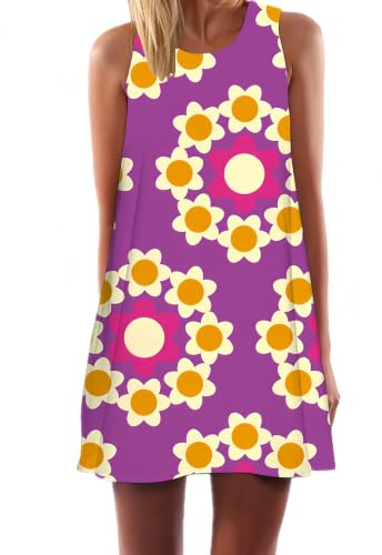 Ocean Plus Mujer Verano Mini Sin Mangas Tops De Colores Vestidos De Paval Real Vestidos De Playa Vestido Corto De Línea A Sin Mangas (XL (EU 40-42), Flores moradas)