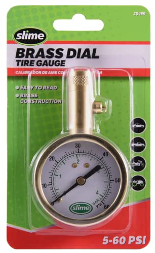 Slime 20459 Tire Pressure Gauge, Dial, Analogue, Brass Tire Gauge (5-60 psi)