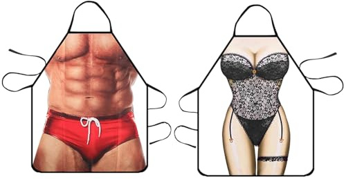 GZGXKJ 2 Pcs Tablier de Cuisine Drôle Tabliers pour Barbecue 3D Muscle Man Bikini Ladies Tablier Cuisine Creatif Tablier de Cuisine Homme Comme Cadeau pour Homme ou Petit Ami80*60cm