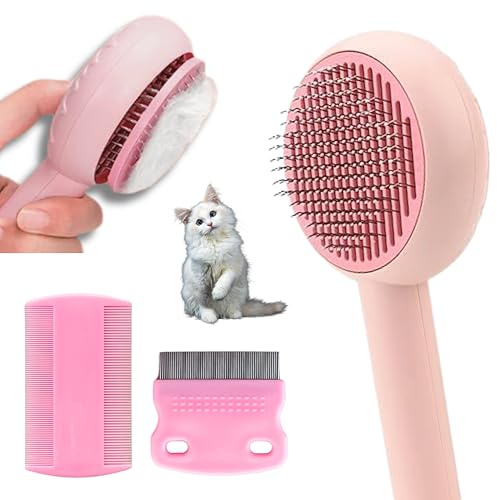 Cat Brush + 2 Flea Combs | Grooming for Short/Long Haired Pets, Hair Remover, Kitten Brush | Massage Function for Small Pets | Self-Cleaning for Shedding to Remove Loose Mats and Tangles
