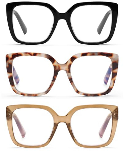 DOOViC 3 Pack Oversized Reading Glasses for Women Blue Light Blocking Square Stylish Computer Readers +1.25