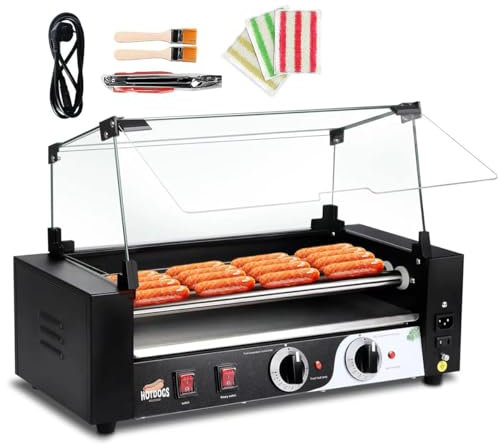 Macchina Commerciale per Hot Dog Arrotolabile, Controllo Doppia Temperatura 0-250℃, Macchina per Cuocire Salsicce alla Griglia da 1000 W con Vassoio Gocciolamento Rimovibile e Coperchio 5Roll