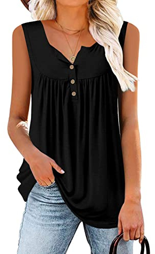 CHICZONE Women's Pleated V-Neck Sleeveless Blouse Shirt Casual Flare Tunic Tank Top Loose Fitting C Black