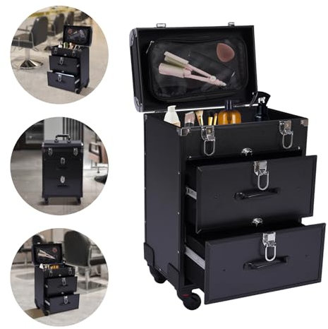 Maletín de maquillaje de 3 pisos, maletín de maquillaje, estuche de belleza, organizador con ruedas, bolsa de almacenamiento universal, con cerradura, cajones para maquilladores, peluqueros, grandes,