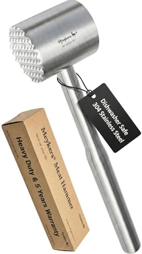Meykers Meat Tenderizer Mallet | Dishwasher Safe | All 304 Stainless Steel | Perfect Weight | Meat Hammer Pounder Flattner Beater | for Steak Beef Chicken Pork | Kitchen Tool for Cooking