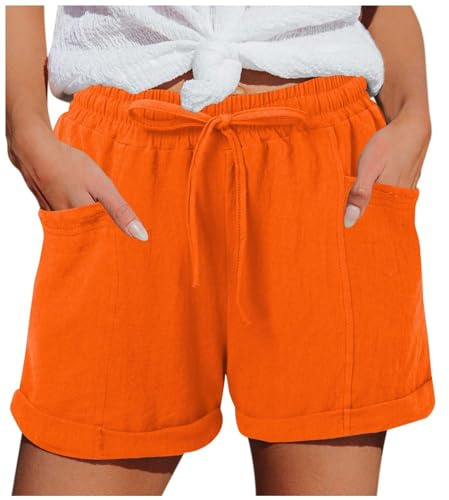 Gefomuofe Short en lin pour femme, short court élastique, short baggy en mousseline, short en tissu avec poches, short décontracté pour la plage, pantalon de loisirs confortable, Orange, L