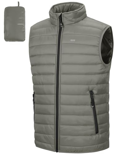 33 000 fot herr packbar quiltad väst utomhus fodrad hybrid sportvästar med ståkrage utomhusvästar med 5 fickor övergångsvästar för män löpning golf vandring ridning, Stengrå, 3XL