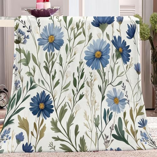 Kuscheldecke Weiß Flanell Fleece Druckdecke Aquarell Blumen Blätter Muster Warm Decke für Jungen Mädchen Baby Kinder Weiche Sofadecke 200 x 220 cm Tages Wohn Decke