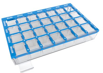 EZY DOSE Weekly AM/PM (7-Day) Daily Pharmadose Pill Planner, Medicine Case, Vitamin and Supplement Organizer, Small Easy Fill Compartments, 4 Times a Day, 28 Compartments, Blue, BPA Free