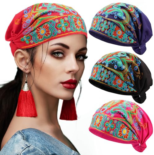 Silicherry 4 Pcs Women Ethnic Style Head Wrap Beanie Caps Vintage Embroidery Flowers Bandanas for Women, Red Black Blue Pink