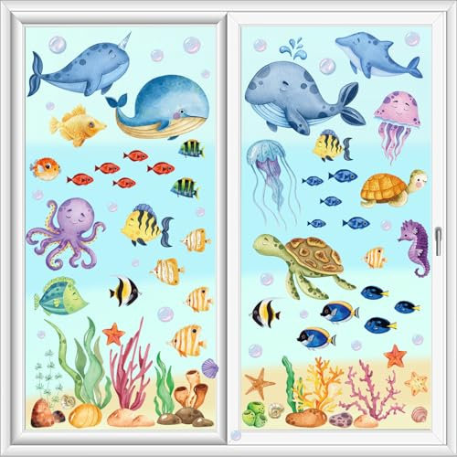 Adesivi per Finestra Sotto il Mare Pesci Decalcomanie per Finestre Non Adesiva Vetro Pellicola Oceano Dolphin Tartaruga Adesivo per finestre estive 9 fogli riutilizzabile per finestre da spiaggia