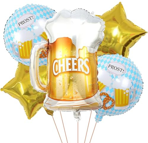 Ovanda Pack of 5 Gold Foil Balloons Birthday, XXL Wine Bottle Balloon, Beer Decoration Balloons Birthday, Beer Glass Helium Balloon for Wedding, Oktoberfest Decoration, Wedding Beer Theme Party