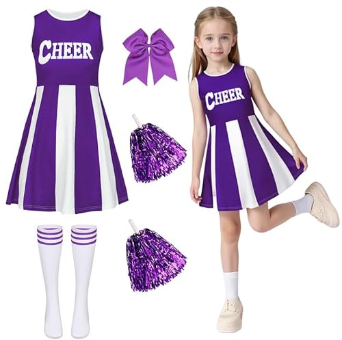 Cheerleader Outfit Girls Dress Cheerleader Costume Kids with Poms Poms Socks Hair Band Cheer Leader Fancy Dress Up Cheerleading Uniform High School Musical Halloween Carnival Party Cosplay Purple 170