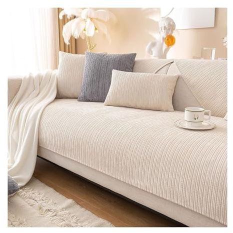 GGCYGG Couch Überzug, Sofa-Schutzhülle 1/2/3/4 Sitzer: Mit Rutschfester Unterlage, Sofa überzug l Form Sofa Cover, Für Haushalte mit Hunden(Off White,70 * 180CM)
