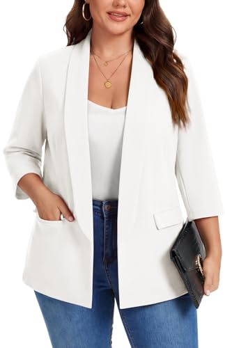 XL-5XL Plus Size Shawl Lapel Blazer Womens 3/4 Sleeve Casual Work Jacket | XL-5XL Plus Size Shawl Lapel Blazer Womens 3/4 Sleeve Suits Half Lined & Flap Pockets Ladies Daily Casual Outerwear Jackets
