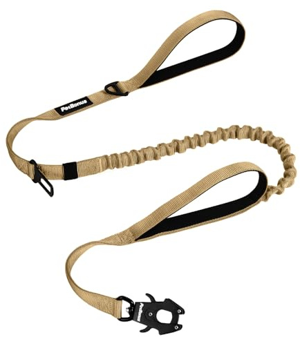 PetBonus kraftigt taktiskt hundkoppel, 150 cm bungeekoppel med 2 vadderade handtag, snabbkoppling, bilbältesfäste, dragfritt för stora och medelstora hundar (khaki) | 2 vadderade handtag, snabbfrigörande metallklämma, bilsäkerhetsbälte, inget dragträningskoppel, för stor medium hund, kaki