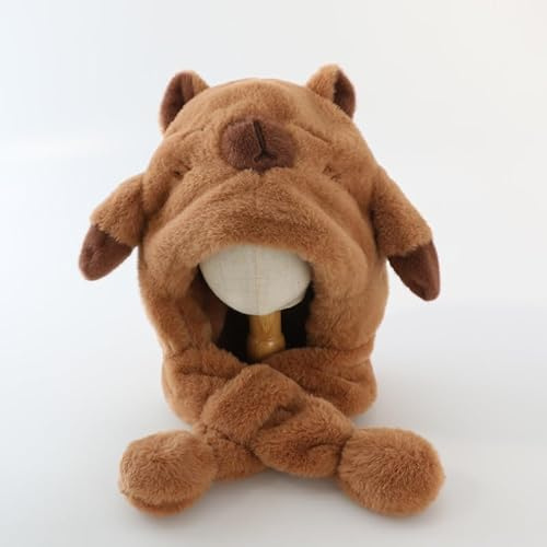 Capybara Hat with Moving Ears, Animal Hat 2 in 1 Winterhat with Scarf Plush Hats with Moving Ears Cute Flap Cap Funny Floppy Ear Hats Thick Warm Winterhat Cosplay Costume for Christmas Birthday