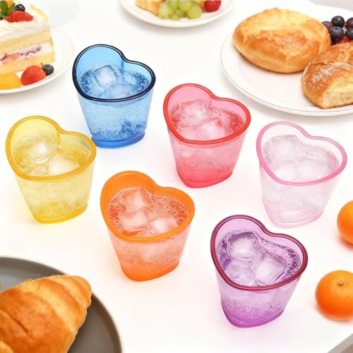 Vossot Snapsglas hjärtform uppsättning med 6 bordstabletter färgglada plastskottglas för fest, alla hjärtans dag, bröllop 30 ml färgglada roliga likörglas för vänner, par och evenemang