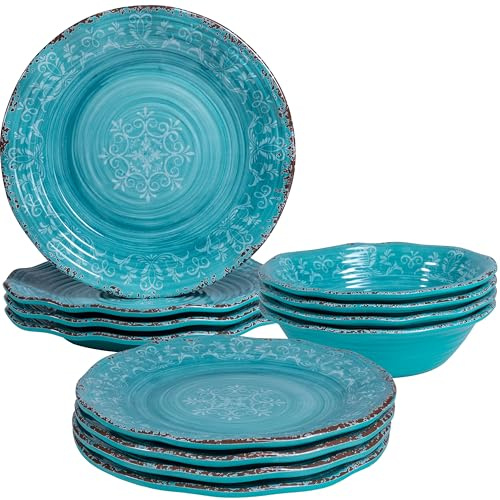 LEHAHA 12pcs Melamine Dinnerware Set .Service for 4, Farmhouse plates and bowls dishes sets, Non-breakable Lightweight Dining Serving Tableware,Great for Party,Camping and RV, Dishwasher Safe, Teal