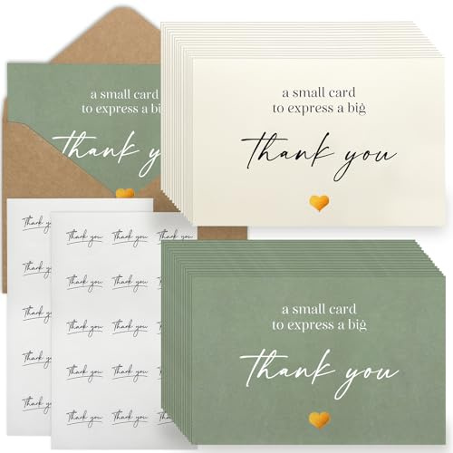Hierein 30 Pack Thank You Cards, Gold-stamped Foil Thank You Card Multipack with Sealing Stickers and Envelopes, Blank Gifts Cards for Business, Baby Shower, Wedding, Graduation, Teather