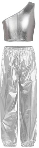 TSSOE Costume Dinsieme Lezioni Danza Jazz Latino E Moderno Metallizzato Con Crop Top Gilet Un Spalla Pantaloni Streetwear Argento 9-10 anni