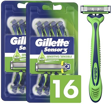 Gillette Sensor3 Sensitive Disposable Razors for Men, Enhanced Lubrastrip Glides Easily Over Your Skin, 8 Count (Pack of 2)