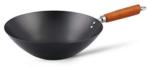Ken Hom Wok Antiaderente Acciaio al Carbonio, 31cm, Classic, Padella Non a Induzione/Con Manico in Legno/Base Piatta, Non Lavabile in Lavastoviglie, 2 Anni di Garanzia, KH331001