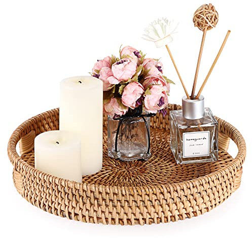 Sumnacon Plateau de Service Rond en rotin tissé avec poignée pour Coffre, Boissons, Petit déjeuner, thé, Bougies, 25 cm