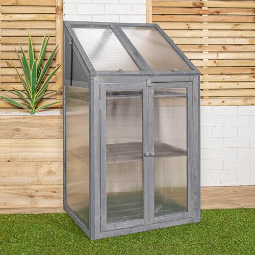 Samuel Alexander Wooden Mini Greenhouse Cold Frame - Small Greenhouse H120 x W69 x D49cm (Large, Grey)