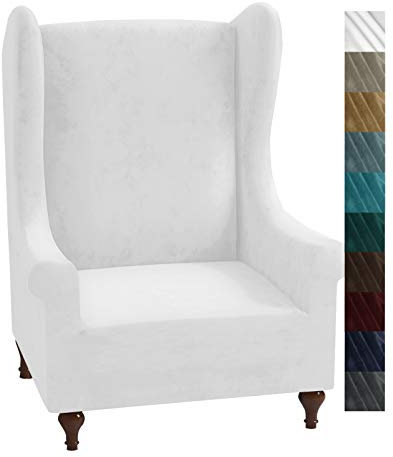 XINEAGE 1 x Samt-Bezug für Flügellehnensessel, dehnbar, rutschfest, Möbelschutz mit Schaumstoffstangen für Wohnzimmer (Flügelstuhl, weiß)