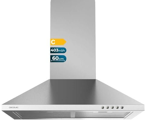 Cecotec Campana Extractora de 60 cm Flux PM 604300 Inox C. Forma de Pirámide, Acabado Inox, Potencia Succión 403m3/h, Motor 105W, Clase C, Control Mecánico, 3 Niveles de Potencia