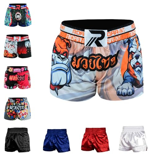 ROAR-INT Kid's Muay Thai Shorts Martial Arts MMA Kickboxing Shorts for Boys Girls Boxing Trunks Shorts (US, Alpha, Medium, Regular, Bull-Dog, Regular Fit)