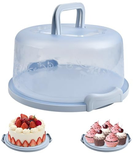 Akamino 10 Inch Cake Carrier, Clear Plastic Cake Containers with Collapsible Handle and Lid, Portable Round Cake Box Cake Tin Storage for Pies Cupcake Muffins Party, Aqua Blue