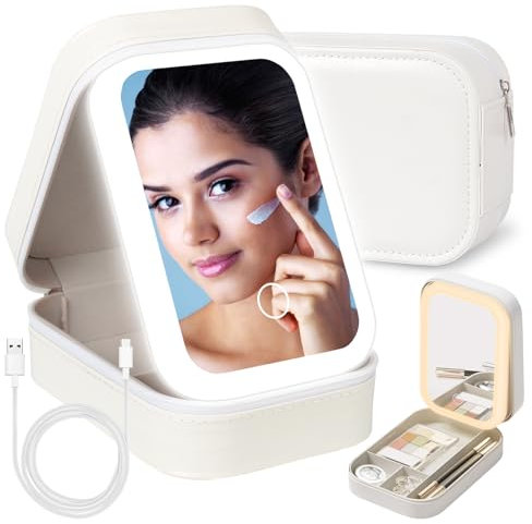 Kosmetiktasche mit Beleuchtetem Spiegel, Schminktasche Make up Tasche mit Spiegel-3 Farben LED Licht, Reise Kosmetikkoffer Organizer, Tragbare Schminkkoffer Make-up Etui mit Trennwänden (Weiß)