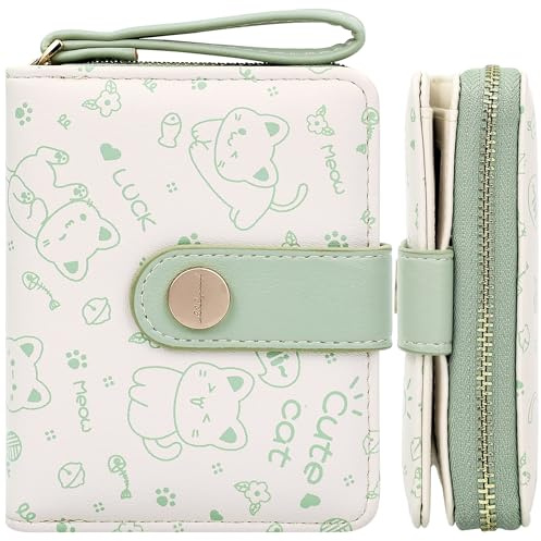 Farcauo Portemonnaie Damen Geldbeutel Frauen Geldbörsen Klein Damen Portemonnaie Mini GeldbörseGrün Katze Klein Portmonee für Frauen mit Ausweisfach und Kartenhüllen